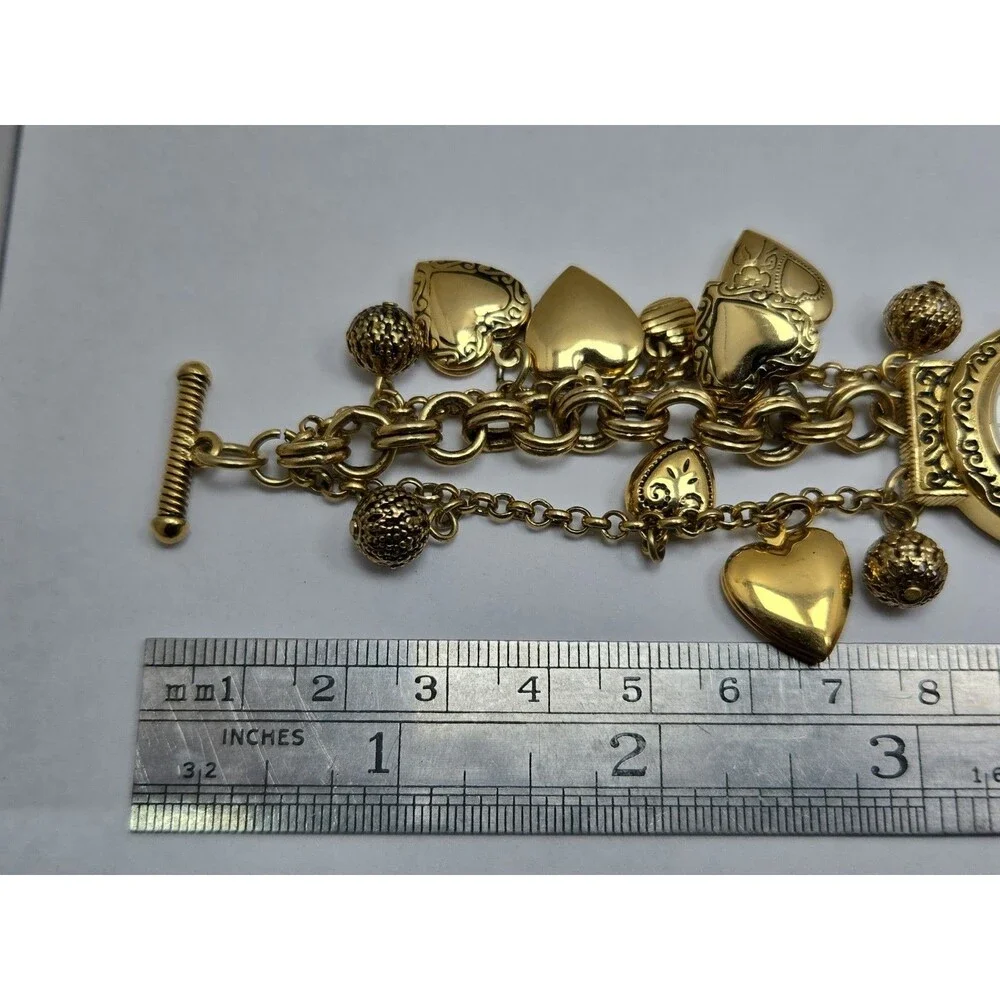 Womens Vintage Gold Tone Hearts Lockets Charms Bracelet Quartz Watch New Battery